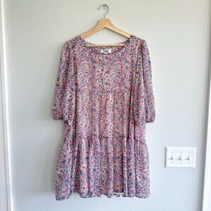BB Dakota Floral Tiered 3/4 Puff Sleeve Mini Dress Pink M